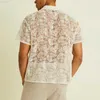 Men's Casual Shirts Luxury Men's Clothing Sexy Transparent Embroidery Mesh Lace Shirts Vintage Buttoned Lapel Short Sleeve See Through Shirt Men Y2K L230715