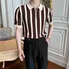 Men's T-Shirts Summer Knitting Polo Shirt Men Casual Short Sleeve Turn-down Collar Zipper Vintage Stripe Slim Tops Ice Silk Knitwear T-shirts L230715