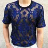 T-shirts pour hommes Sexy col rond chemise en velours doux Slim hommes vêtements discothèque à manches courtes Top qualité Transparent Floral voir à travers