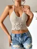 Débardeurs Femmes Femmes Beige Crocheté Évider Gland Dentelle Crop Top Femme Sexy Boho Halter Bikini Frange Garniture Dos Nu Maillot De Bain Beachwear