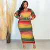 Sukienki plus wielkości wuhe wielokolorowe druk kobiety o długim rękawie sukienka maxi do mody vintage bodycon imprez