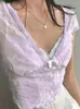 Women's T Shirts Lace Patchwork Sweet Tee Bow Kawaii Y2K Aesthetic Crop Tops Summer Short Sleeves Cute V-neck Slim Outfits
