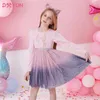 Vestidos para meninas DXTON Meninas com lantejoulas Crianças Unicórnio Estampa Vestido Manga Longa Festa de Aniversário Tule Princesa 230714