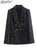 Ternos femininos Blazers ZEVITY Feminino Vintage Gola entalhada Fita colorida Xadrez Tweed Blazer de lã Casaco Feminino Ternos elegantes Veste Tops CT2982 230715