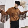 Men's Casual Shirts Spring Autumn Men Fringe Shirt Collar Jacket Long Sleeve Faux Suede Tassel Coat Moto Biker Tops Solid Fashion Partywear