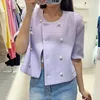 Jaquetas femininas suaves com decote em O elegantes simples jaquetas femininas com botões de pérola soltos tops casuais 2023 verão coreano chique manga curta casaco de tweed