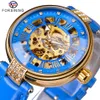 Forsining Lady Mechanical Automatic Wrist Watch Top Brand Luxury Fashion Golden Case Skeleton Clock Women Blue Genuine Leather260n