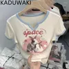Women's T Shirts Y2K Patchwork Kawaii Print Tshirt Summer Short Crop Tops Sweet Camisetas Korean Shirring Tees O Neck White