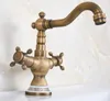 Rubinetti da cucina Rubinetto per lavabo con beccuccio girevole in ottone antico Rubinetto per lavabo a doppio foro monoforo Lavandino per bagno Miscelatore per acqua fredda Dnfas2