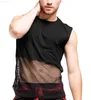 Men's Tank Tops Sexy Men Patchwork Hollow Perspective T-shirt Vest Sleeveless Round Neck Fashion Tank Tops 2023 Summer New Black Vest Streetwear L230715