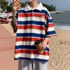 Men's T Shirts Striped Couples T-shirts For Men And Women Lapel Half Sleeve Buttons Neckline T-shirt Summer Print Simple Tee Shirt