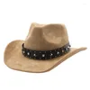 Bérets N58F Chapeau de Cowboy Tibétain Avec Rivets Cowgirl Camping Ville Voyage Spot Large Bord Taille Adulte