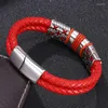 Charm Bracelets Trendy Red Double Braided Leather Cord Bracelet Men Jewelry Aço Inoxidável Magnet Fecho Pulseira Mão Masculina Pulseira Presente