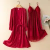 Women's Sleepwear Twinset Robe Set Sexy Lace Trim Bathrobe Gown Women Nightgown Nightdress Summer Loose Satin Home Wear Loungewear