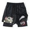 Mäns shorts Mens 2-i-1 Athletic Gym Shorts Anime Inosuke Tryck snabba torra stretchiga aktiva shorts med fickor Fitnessträning som kör 230714