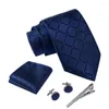 Laços Ikepeibao Clássico Marinha Homens Vintage Verificado Xadrez Gravata Conjuntos Com Hankie Metal Abotoaduras Clip Set Fit Camisa Acessórios Azul