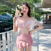 Damenbadebekleidung Süße Frauen 2023 BH Hohe Taille Kordelzug Rüschenrock Zwei Stücke Bikini Set Badeanzug Koreanische Fee Badende Badeanzug