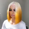 Ombre gul peruk Blond spets främre mänskliga hår peruk 613 kort bob stängning för kvinna före plockad brasiliansk