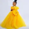Kızın Elbiseleri Sarı Kabarık Küçük Çocuk Doğum Günü Partisi Elbiseler Mücevher Boyun Çırpı Anne ve Kız Prenses Çiçek Kızları önlük Toddler Prom Dres 230714