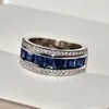 Wedding Rings 925 Stamp Finger Ring With Round Blue Square Cubic Zirconia Crystal Wide Sterling Plata For Women Jewelry 230714