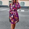 Vestidos casuais de manga longa para mulheres de escritório femininas vintage elegantes com estampa de cintura alta roupas de outono com cadarço streetwear