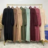 Roupas étnicas Fechadas Abaya Mangas bufantes Muçulmanas Vestido longo Cor sólida Islâmica Dubai Turco Hijab Robe Cinto Modéstia Ramadã
