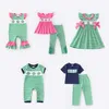 Familjsmatchande kläder Girlymax St Patricks dag syskon stripe clover baby flickor klänning pojkar byxor set ruffles romper smocked barnkläder 230714