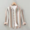 Camisas casuais masculinas de linho manga comprida camisa listrada moda japonesa confortável várias cores para roupas superiores
