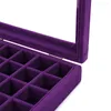 Jewelry Pouches Purple 24 Slot Velvet Glass Box Organizer Rings Earrings Tray Display Storage Case