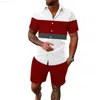 Herr t-shirts mode två stycken set män kort ärm lapel färgblock tryck skjorta och shorts lösa kostymer sommar avslappnade kläder män kläder l230715