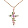 Dainty Colorful Cubic Zirconia Flower Wrapped Cross Pendant Necklace New Creative Leaves Women's Accessories Rose Gold Eesthetic Collar For Women Partihandel
