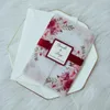 Greeting Cards 50pc Flower Printed Vellum Wrap for Wedding Invitaton with Burgundy Ribbon and Tag DIY Custom Greeting Cards for Bridal Shower 230714