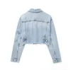 Cover-up Traf Croped Denim Jacket Kvinnor Blue Jean Jackets för kvinnor 2023 Lång ärm Bomber Jacket Woman Streetwear Ripped Jackets rockar