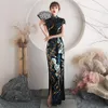 Etniska kläder Blue Slim Long Cheongsam bling paljetter Kinesisk klänning Kort ärm STAGE SHOW Femme Elegant Qipao Retro Party S-5XL221Q