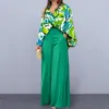 Tweedelige broek voor dames Outfit voor dames Stijlvol 2-delig Overhemd met bladerenprint Voor op kantoor Lange mouw Hoge taille Wijde pijpen Loungewear