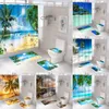 الستائر دش 3D Seascape Beach موضوع الستار دش مجموعات غطاء المرحاض حمام السجاد السجاد السجاد الحمام الستائر دش مجموعة مع