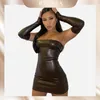 Party Dresses ByDiva High midja Mini Tank Dress Women 'Leather Pu Long Sleeve Slim Hip Tight Strapless Street