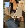 Kvinnors tröjor Kvinnor V-ringning Lace-up Front Long Sleeve Cardigan Crop Top Hollow Out See Through Fishnet Mesh Shirts Thin Cover Up Jacket