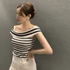 Women's T-Shirt Women's ultra-thin one shoulder black and white striped T-shirt Graphic Tee Wild Crop Top Simple Y2k Elegant 230714