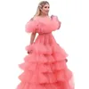 Różowa długa sukienka balowa 2023 o szyja długie rękawy warstwy tiule celebrytka suknia ruffle plis w damskiej gali vestidos de novia
