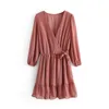 Casual Dresses Hilorill Women Fashion Solid Color Mini Dress with Sashes V Neck Three Quarter Sleeve Dresss Ladies Elegant A Line