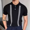 Herr t-shirts Summer Men Vintage Knit Polo Shirt Turn-Down Collar Button-up Tee Fashion Randig Print Slim Tshirts Top Ice Silk Fabric T-shirt L230715