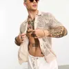 Men's Casual Shirts New Khaki Hollow Out Shirts Men Short Sleeved Loose Casual Shirt Tops 2023 Summer Fashion Sexy Mens Clothing Mesh See Through L230715