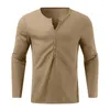 Hommes t-shirts rétro couleur unie Henley à manches longues T-Shirt col en V bouton chemise mâle 2023 printemps automne hauts amples t-shirts décontractés