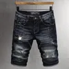 Jeans pour hommes été créateur de mode hommes rétro noir bleu élastique broderie court déchiré patché Vintage Denim Shorts Hombre