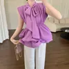 Women's Blouses 2023 Summer Sweet Bow Tie Ruffles Chiffon Shirt Women Sexy Sleeveless Elastic Waist Tunic Temperament Casual Tops