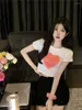 Women's T Shirts Girls' Summer Short Sleeve T-shirt Crop Top Naked Navel Sexy Fashion Love Print Pattern Round Neck Black White Women