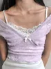 Women's T Shirts Lace Patchwork Sweet Tee Bow Kawaii Y2K Aesthetic Crop Tops Summer Short Sleeves Cute V-neck Slim Outfits