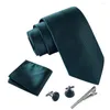 Strikjes Ikepeibao Mannen Donkergroen Gestreepte Hombre Stropdas Sets Met Zakdoek Metalen Manchetknopen Clip Set Formele Kleding Geometrische