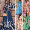 Vestidos Casuais Vestido Maxi Boho Convidado de Casamento Estampa Boêmia Decote em V Laço Praia Manga Batwing 3/4 Abotoamento Único Até o chão